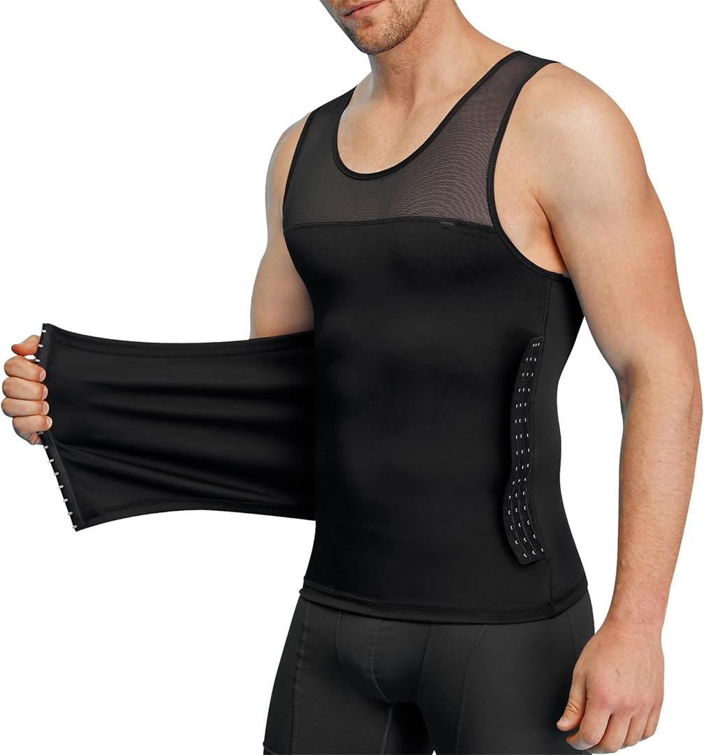 Men Body Shaper Slimming Vest Tight Tank Top Compression Shirt Tummy Control Underwear Moobs Binder (Large, Black)