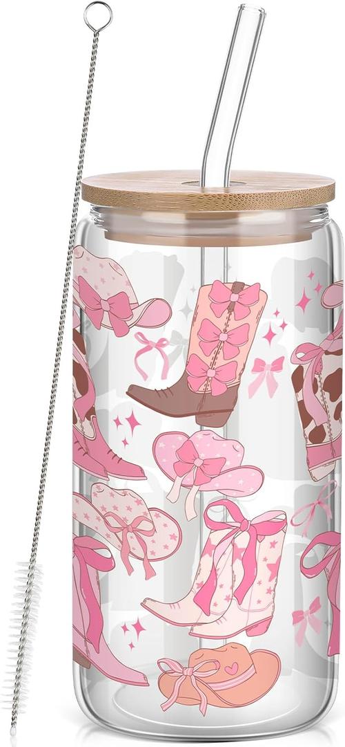 Coquette Bow Aesthetic Cup 16oz Cowgirl Glass Cup with Lid and Straw Pink Bow Tumbler Cowgirl Gifts for Women Girls Friend Sister Girlfriend