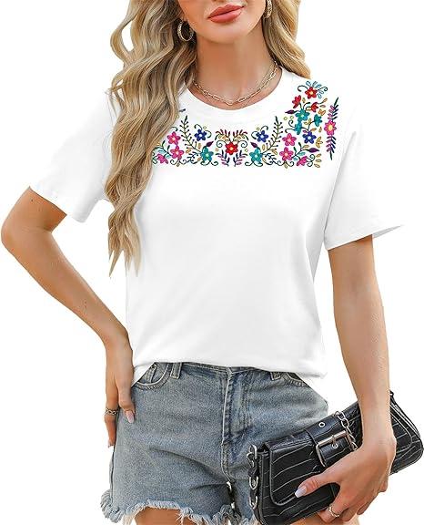 Women Mexican Embroidered Shirt Mexico T-Shirt Traditional Summer Blouse Boho Floral Embroidery Tunic
