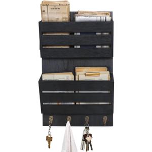 Mail Organizer Wall Mount with 4 Key Hooks, Rustic Wooden Hanging Mail Sorter Farmhouse Key Holder for Wall Decoration, 2-Slot Wall File and Magazines Bill Letter Holder