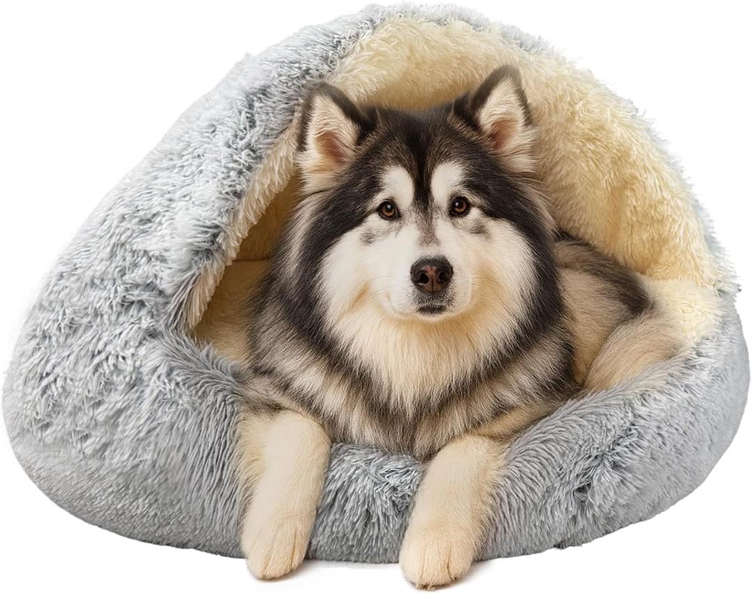 ShinHye Round Plush Fluffy Hooded Cat Bed Cave, Cozy for Indoor Cats or Small Dogs, Waterproof Bottom, Washable40 in