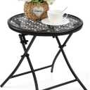 TeoKJ Folding Outdoor Side Tables, Anti Rust Small Patio Table Round Metal Nightstand with Flower Cutouts for Porch Yard Balcony Deck Lawn, Black