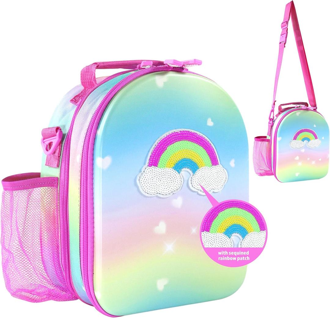 Decorably Insulated Hard Top Sequined Rainbow Lunch Box for Girls, Easy-to-Clean Girls Lunch Box with 2 Main Compartments and Water Bottle Holder for School
