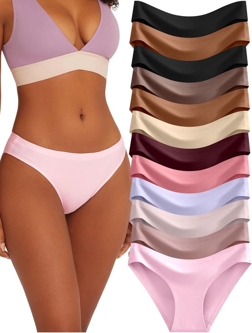 FINETOO 12Pack Womens Seamless Underwear No Show Cheeky Panties Invisibles Briefs Soft Stretch Bikini Hipster XS-XL (Large)