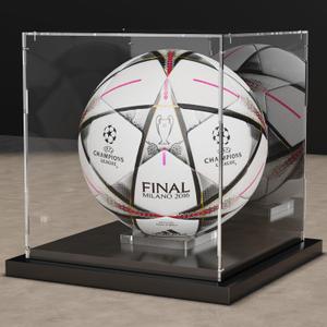Soccer Ball Display Case Clear Acrylic Display Case Box with Mirror Back and Black Metal Grooved Base Stackable Holder with Removable Built-in Soccer Ball Stand for Sports Collectibles