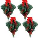 Hiboom 4 Pcs Christmas Teardrop Swag Ornament Christmas Swags Xmas Teardrop Artificial Berry Clusters Pine Cone Decorative Props Pendant with Red Bow for Indoor Outdoor Wall Door Hanging Decor