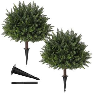 LUWENER 23.6Inch Artificial Cedar Topiary, 2 Pack UV Resistant Faux Evergreen Shrubs with Ground Spikes, Indoor Outdoor Potted Plants for Porch, Garden, Front Door Decor