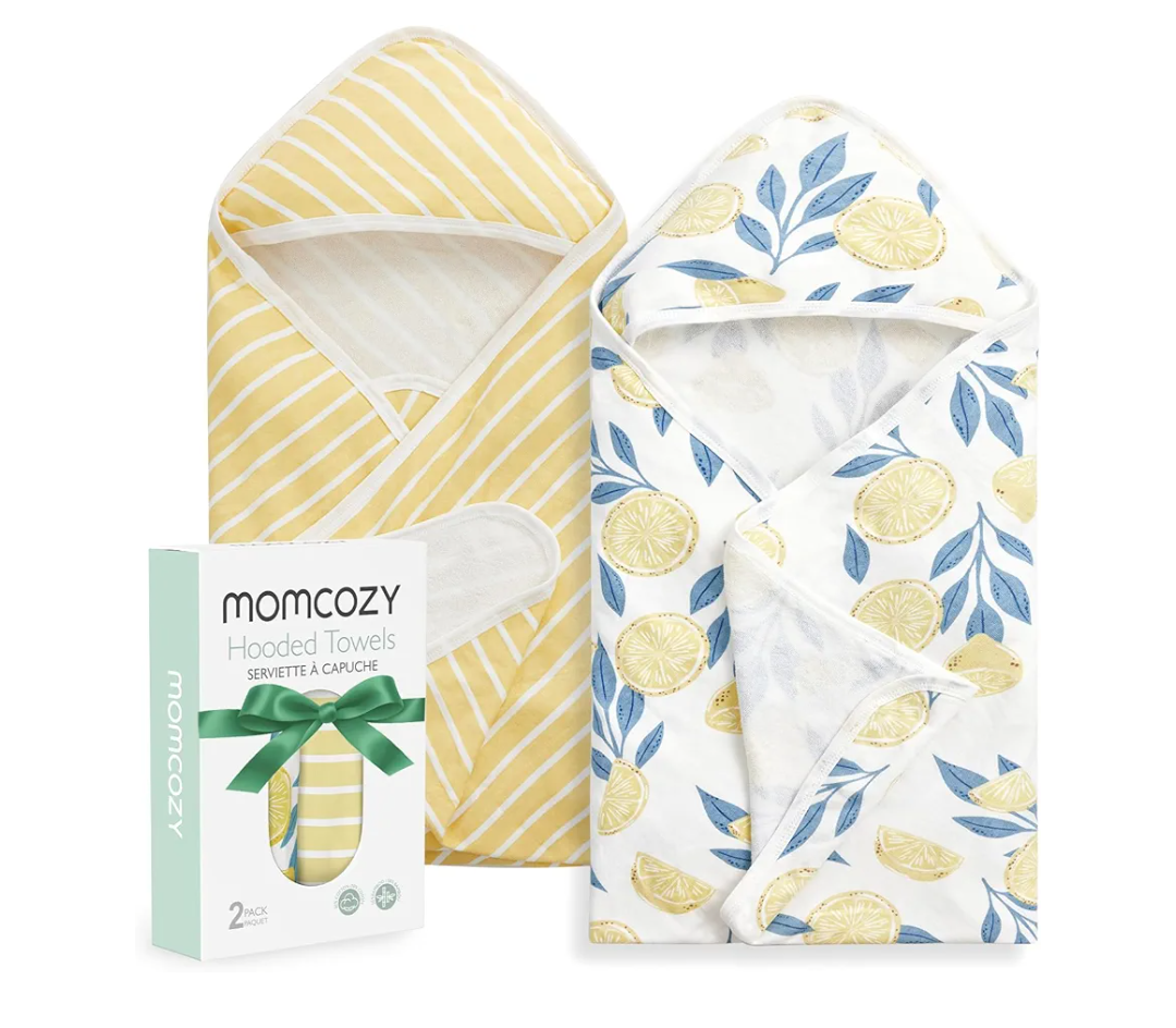 Momcozy Baby Hooded Towel, 2 Pack Baby Towel Set, Super Soft Bath Towel with Original Design, Shower Gifts for Infant, Toddler (28 X 28 Inch, Lemon Leaves)