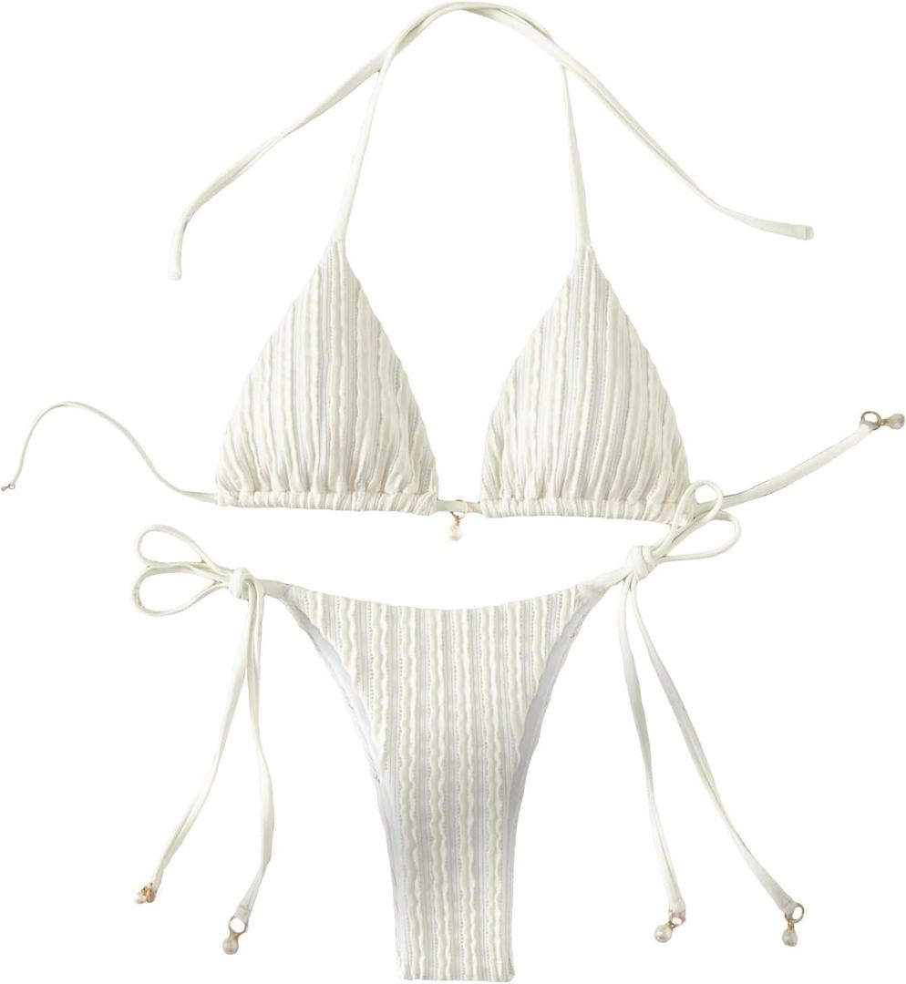 GORGLITTER Women's Lace Thong Bikini Set Cute Halter Triangle String Two Piece Swimsuit Tie Side High Cut Bathing Suit