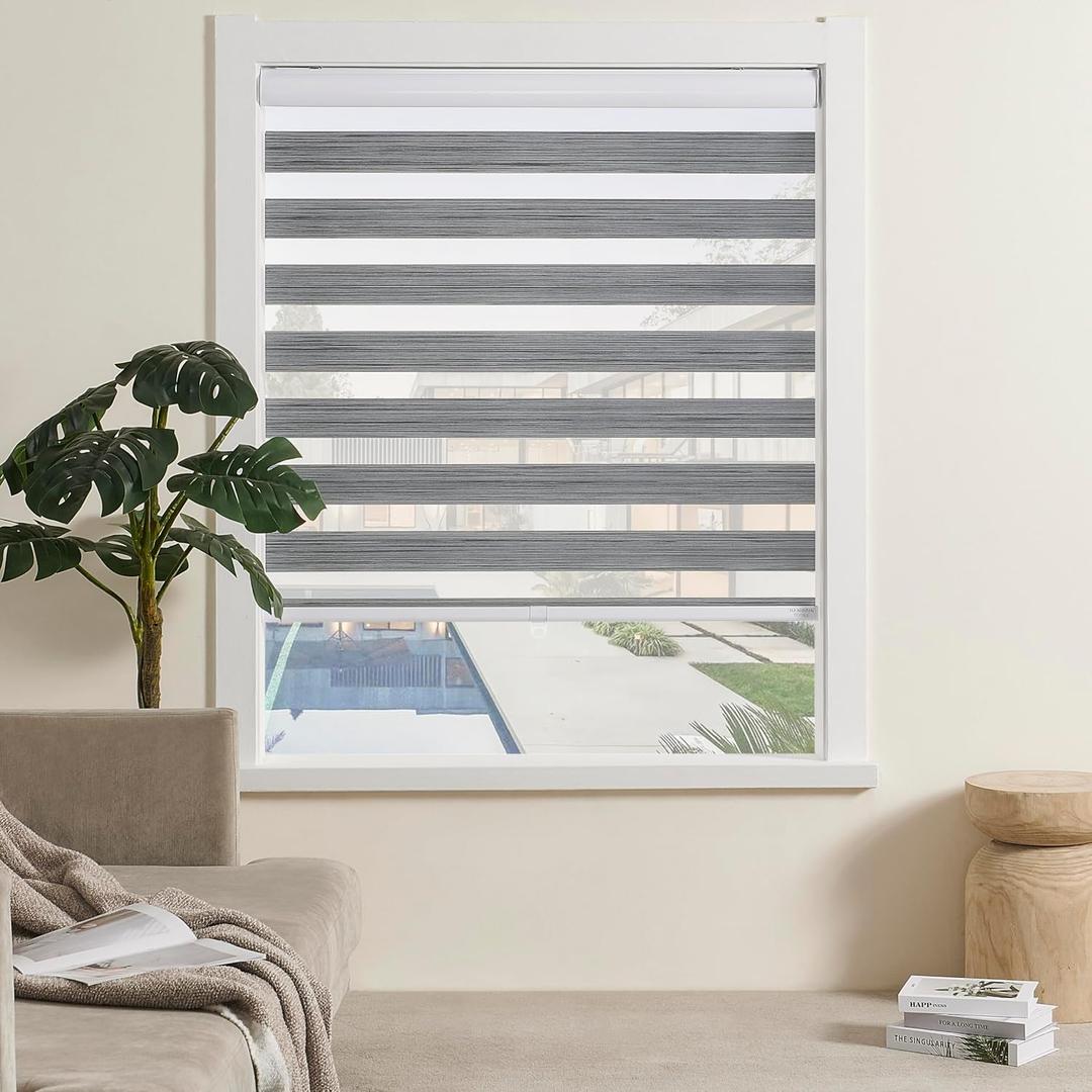 Cordless Zebra Blinds for Indoor Windows Free-Stop Zebra Shades Dual Layer Light Filtering Sheer Shades Roller Window Blinds for Home (20" W X 72" H, Grey)