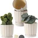 TAMAYKIM 4.5 Inch Ceramic Plant Pots with Drainage Holes, Serrated Relief Design Small Flower Planter with Tray for Indoor/Outdoor Planting, Best for Succulent, Cactus & Herbs, White, Set of 4