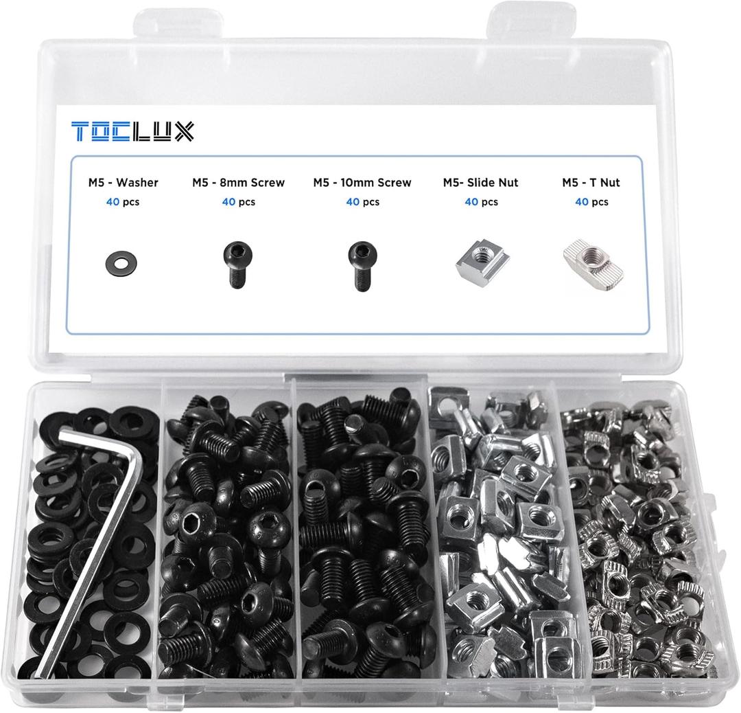 200pcs 2020 Series M5 T Nut and Black Screw Kit  Sliding & Drop-in T-Nuts, M5x8 & 10mm Black Screws, Washers, Hex Wrench  for 6mm T-Slot Aluminum Extrusion Accessories Extruded Aluminum Hardware