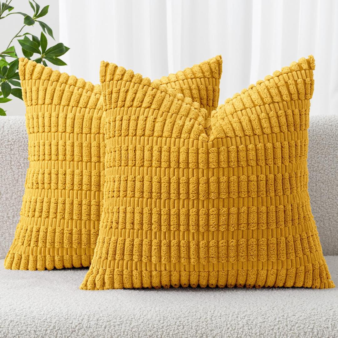 MIULEE Pack of 2 Corduroy Decorative Euro Sham Throw Pillow Covers 26x26 Inch Soft Boho Striped Pillow Covers Modern Farmhouse Home Decor for Summer Sofa Living Room Couch Bed Mustard Yellow