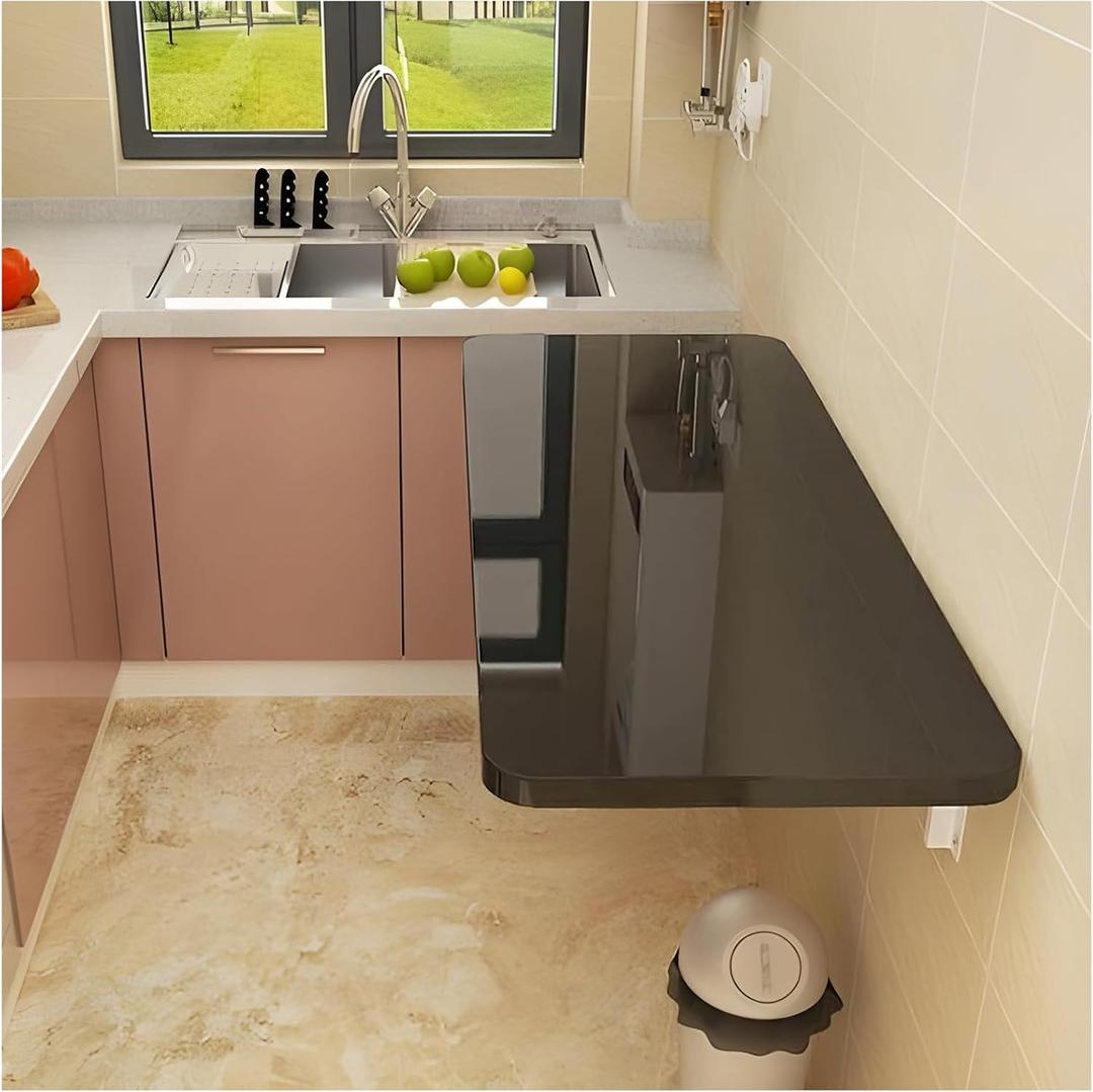 Wall Mounted Folding Table,Black Floating Desk for Small Spaces,Stainless Steel Bracket Laundry Folding Table,Wall Folding Desk,Home Bars and Dining Establishments, (100x50cm/39.4"19.7")