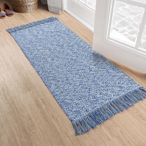 Kitchen Runner Rug, 2' x 4.3' Hand-Woven Reversible Washable Rug, Navy Blue Cotton Modern Farmhouse Bathroom Rug Hallway Carpet for Foyer Bedroom Entry Back Door Decor