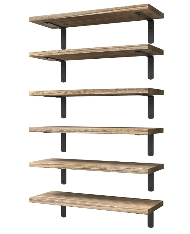 WOPITUES Wood Floating Shelves Set of 6, Shelves for Wall Decor, Farmhouse Shelf for Bedroom, Bathroom Storage Shelves, Book Shelves for Living Room - Rustic Brown