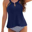 Blooming Jelly Womens Tankini Swimsuit Modest High Neck Two Piece Bathing Suit High Waisted Cute Flattering Ladies Swimwear (Medium, Navy Blue)