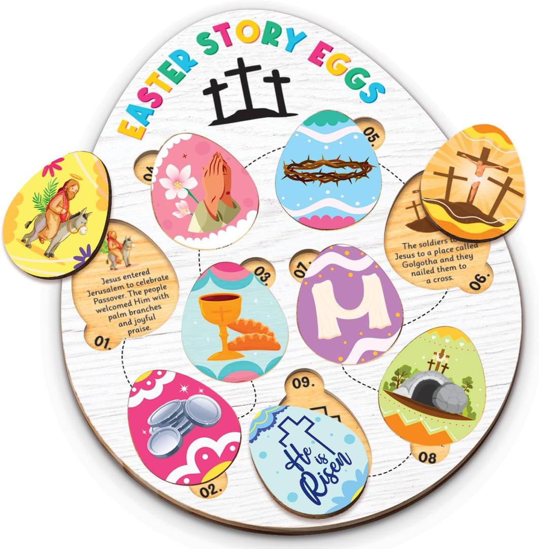 Easter Story Eggs - Resurrection Eggs Easter Story - Wooden Egg Puzzle with Matching Religious Story - Resurrection Gifts for Kids - Christian Toddler Gifts - Christian Basket Stuffer for Kids
