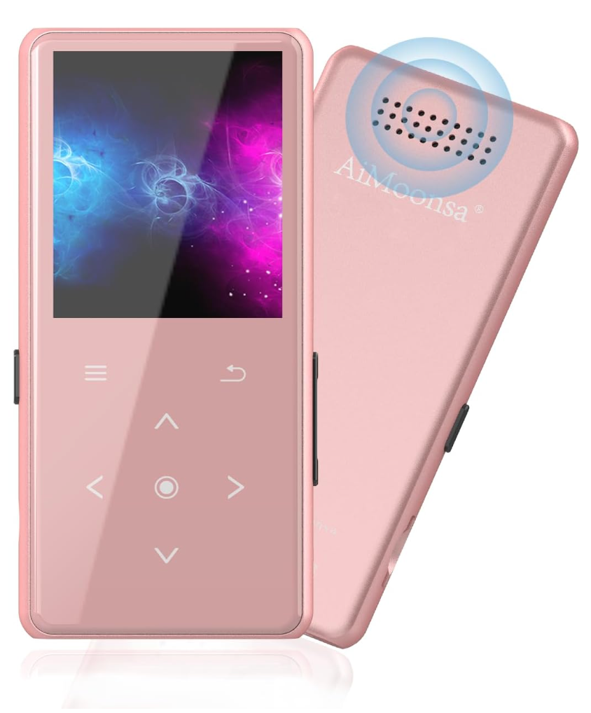 64GB MP3 Player with Bluetooth 5.2, AiMoonsa Music Player with Built-in HD Speaker, FM Radio, Voice Recorder, HiFi Sound, E-Book Function, Rose Gold
