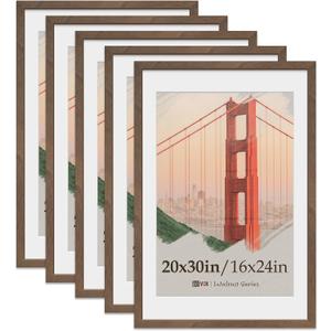 VCK 20x30 Poster Frame 5 Pack, Natural Wood Grain Brown Walnut, Display 16x24 Picture with Mat or 20x30 without Mat, Wall Hanging
