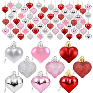 72Pcs Valentines Heart Shaped Ornaments - Valentines Heart Decorations - Red Pink Silver Glitter Hearts Shaped Baubles - Romantic Christmas Valentine's Day Tree Hanging Decorations