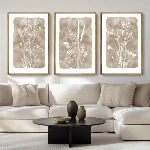 ANHUIB Extra Large Beige Floral Wall Art 24x36 Inch Neutral Floral Wall Decor Vintage Flower Artwork for Living Room Bedroom Office Set of 3