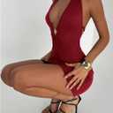 Milumia Women's Metal Ring Deep V Neck Halter Mini Dress Sexy Blackless Bodycon Party Club Short Dresses Burgundy, Large