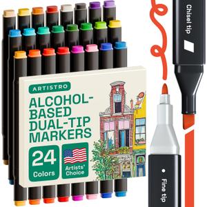 ARTISTRO 24 Dual-Tip Alcohol Markers - Alcohol-Based Pens Set, Chisel + Fine Tip, Quick Dry, Fade-Resistant Ink