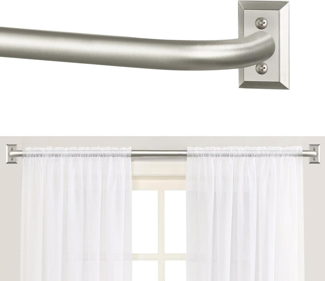 Nickel Wrap Around Curtain Rods:Blackout Heavy Duty Adjustable Window Curtain Rod for Bedroom Kitchen,Modern Decorative Curved French Metal Single Drapery Rod Easy Install,Satin Nickel 28-48"