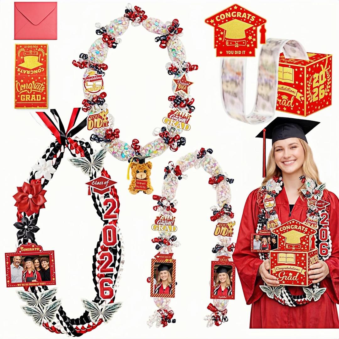 Graduation Gift for Her, Class of 2026 Graduation Leis with Money Holder Box, Mini Bear, Grads Picture Frames, Money Gift Ideas - Personalized Graduation Gift DIY Kit, Ribbon Leis Candy Leis for Him