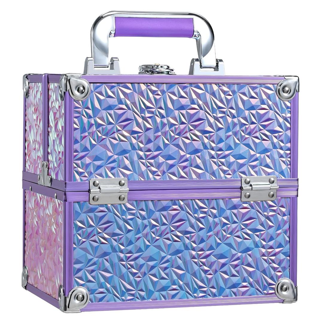 FRENESSA Makeup Case Organizer Makeup Box Cosmetic Train Case Portable Make Up Artist Travel Case Storage Box 4 Trays with Dividers Lockable Hard Train Case Nail Tech Supply Storage Shiny Purple