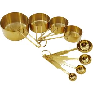 Gold 304 Stainless Steel Measuring Cup and Spoon Set, Stackable, 8-Piece, Long Handle for Narrow Bottles, Premium Gold Kitchen Utensils For Cooking