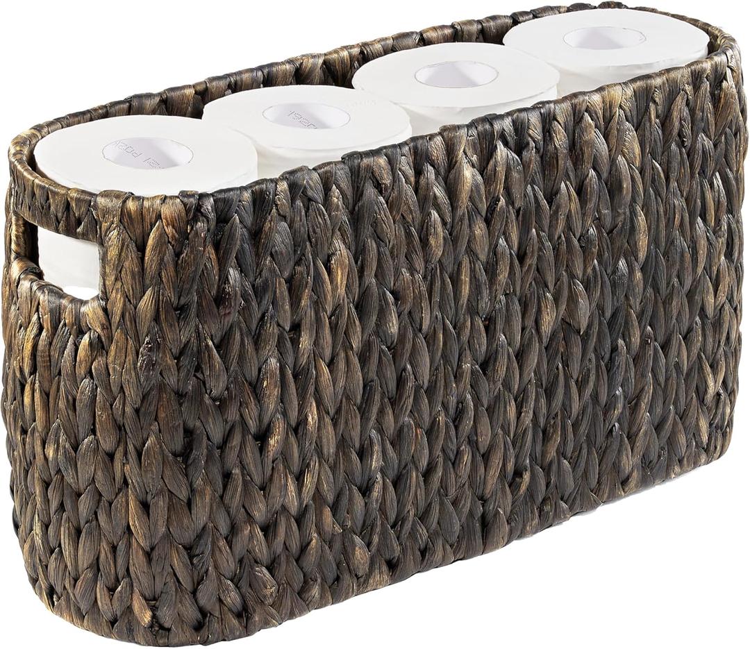 Toilet Paper Storage Basket, Toilet Paper Holder with Storage for Up to 8 Rolls, Coastal Bathroom Decor, Rattan Bathroom Accessories (Espresso, 6 Mega Rolls) (Black)