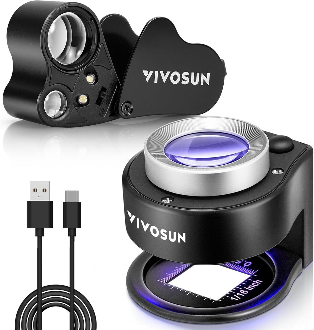 VIVOSUN 2-Pack Jewelry Loupe, 30X and 60X Foldable Magnifier UV/LED Lights, Desktop Loupe with LED & UV Lights for Jewelry, Gems, Watches, Coins, and Stamps, Black