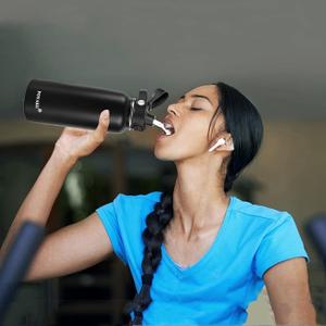 Water Bottle Insulated 32oz Straw Lid Spout Lid & 3 Lids, Leak Proof, Vacuum Insulated,Stainless Steel Water Bottle Wide Mouth for Sports, Gym or Office (Magic Black, 32 oz)