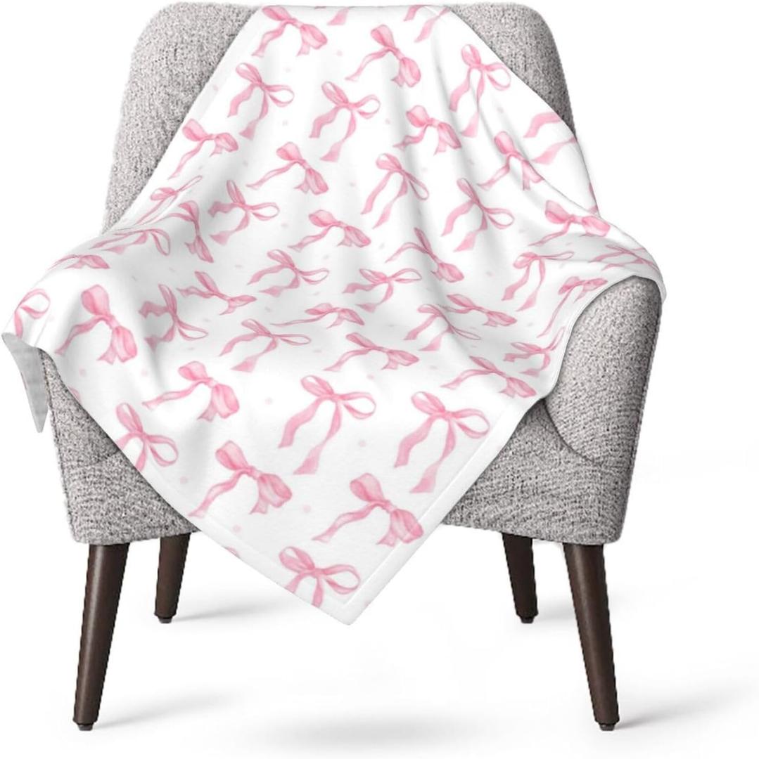 Printed Pink Bow White Throw Blanket Ultra Soft Cozy Flannel Fleece Blanket Plush Warm Lightweight Bedding for Couch Sofa Chair Bed Living Room Bedroom Decor All Seasons Kids Adults,40"X30"