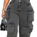 LKOUS Women's Y2K Baggy Straight Wide Leg Cargo Jeans, Streetwear High Waisted Denim Pant (Medium, Grey)