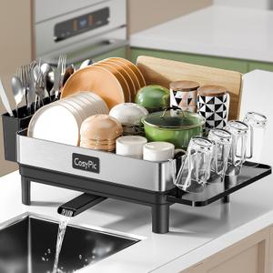 Dish Racks, Thicker Premium 304 Stainless Steel Dish Drying Rack for Kitchen Counter, Automatic Drainage Spout, Dish Drainer & Drainboard Set with Utensil Holder and Cup Holder, Black (1 Tier)