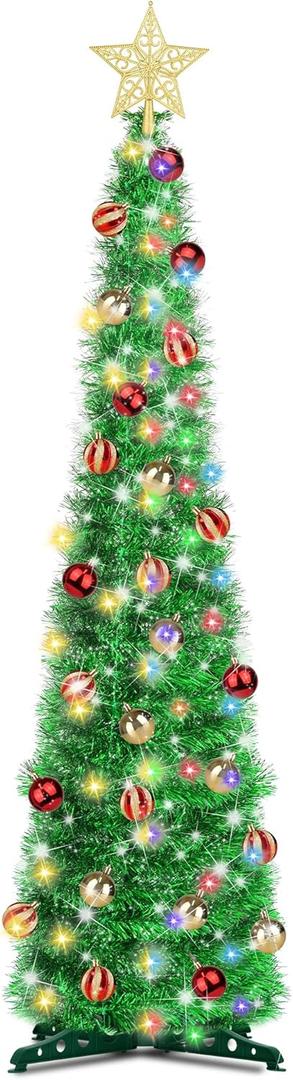 5 Ft Pop Up Christmas Tinsel Tree with Timer Warm White & Multi Color Change Lights Battery Operated Pencil Christmas Slim Tree with 25 Ball Ornaments & Star Xmas Home Indoor Decor (Green Shiny)