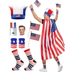7Pcs American Flag Cape Costume,USA Patriotic Accessories Olympic Sports Cheering,4th of July Outfit,250th Anniversary Apparel Adjustable Hairy Headband Wigs,Socks,Wristbands,Face Body Paint Sticks