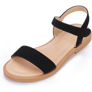 PANDANINJIA Gina Girls Sandals Open Toe Summer Flats Dress Sandals Shoes Toddler/Little Kid/Big Kid (Black Nubuck)