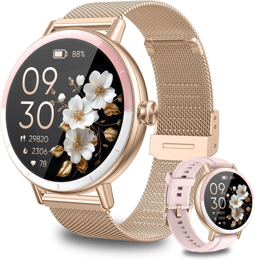 KEEPONFIT Smart Watches for Women Android/iPhone, IP68 Waterproof Fitness Tracker with Bluetooth Calls(Answer&Make), Activity Pedometer/Heart Rate/SpO2 Monitor/100+ Sports Model, Gold Pink