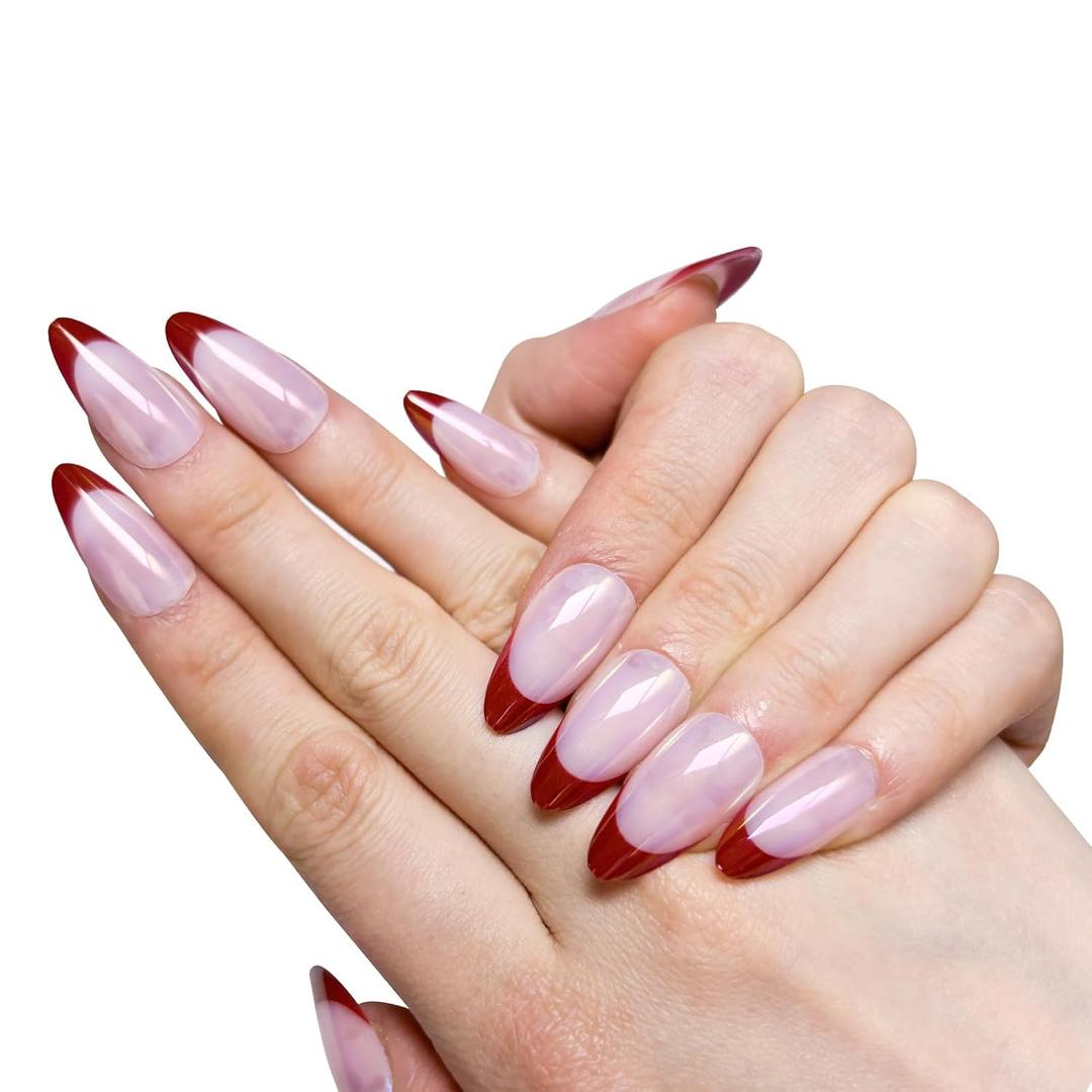 2 x Glossy Glazed French Tip Press-On Nails  Medium Almond Shape | Effortless Salon Look in Minutes | 30-Piece Reusable Nail Kit with Glue | 15 Sizes for a Perfect Fit(Rosy Nude Ombre)