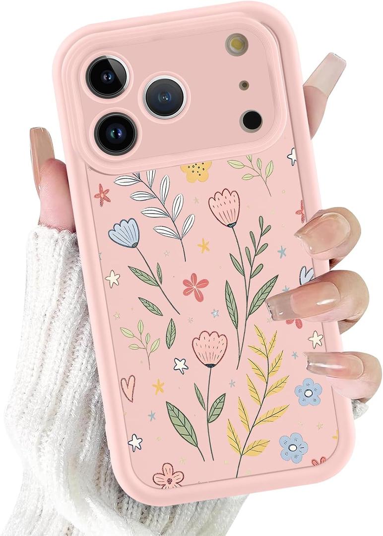 Cute Flower Phone Case for iPhone 17 Pro Max Floral Case 6.9", Aesthetic Trendy Star Heart Pattern Shockproof Soft Slim TPU Full Camera Lens Protective Pink Cover Funda for Women Girls