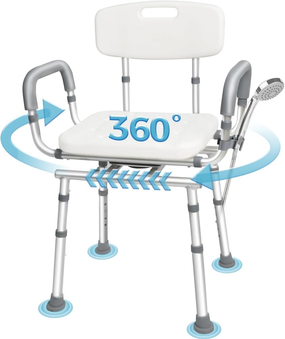 Swivel Shower Chair with Arms and Back, 450lbs Heavy Duty Shower Chair for Elderly and Disabled, Handicap Shower Chairs for Inside Shower Stool & Bath Tub Seat for Adults (13"D x 16"W x 34"H)