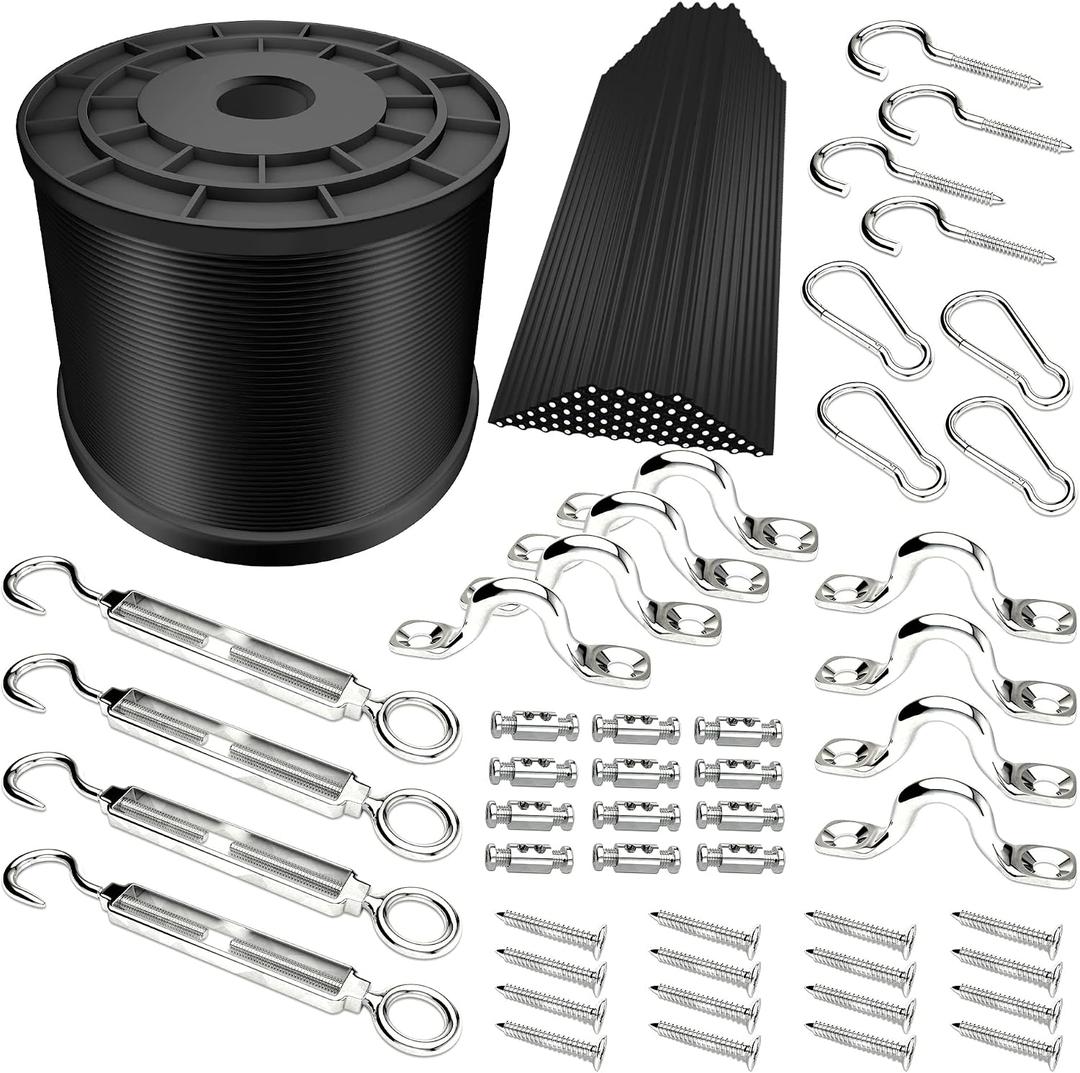YQL Outdoor String Lights Hanging Kit,Globe String Lights Suspension Kit,164ft Black Vinyl-Coated 304 Stainless Steel Cable,String Light Guide Wire,Hook & Eye Turnbuckle Wire Rope Tension