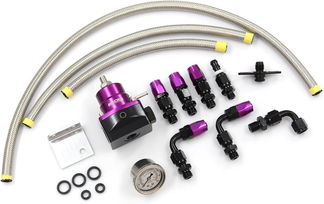 Adjustable Universal EFI Fuel Pressure Regulator Kit with 0-160psi Fuel Pressure Gauge and AN6-6AN Fuel Line Hose Fitting Connectors Kit (PURPLE)