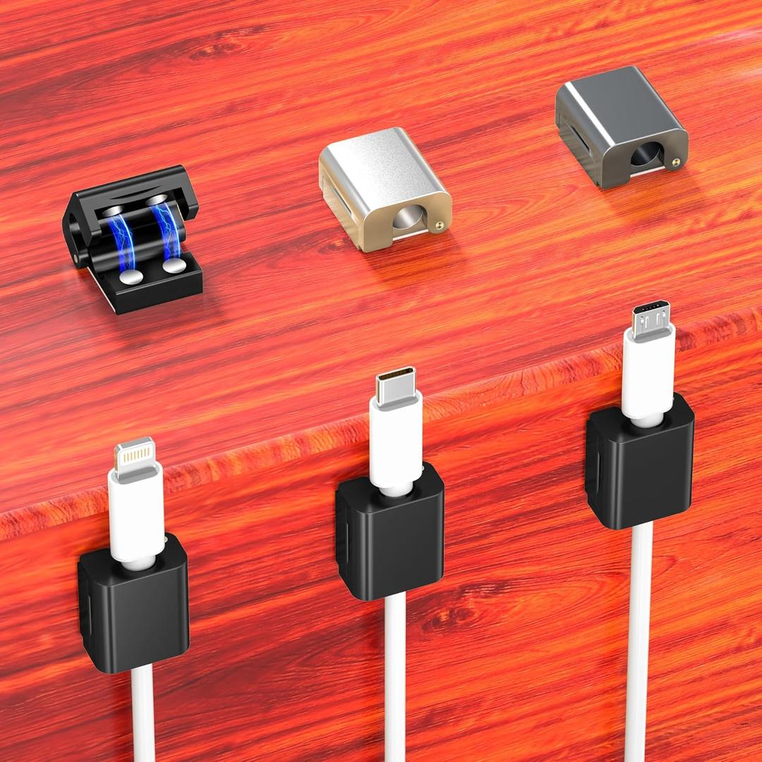 AGVEE 8 Pack Magnetic Cord Organizer Clips, 10mm Ultra-Thin Aluminum Cable Management Holder, 2 Pairs of Strong Magnets Keeper for Home Desk Office Gadgets Accessories, Residue-Free Tape, Black