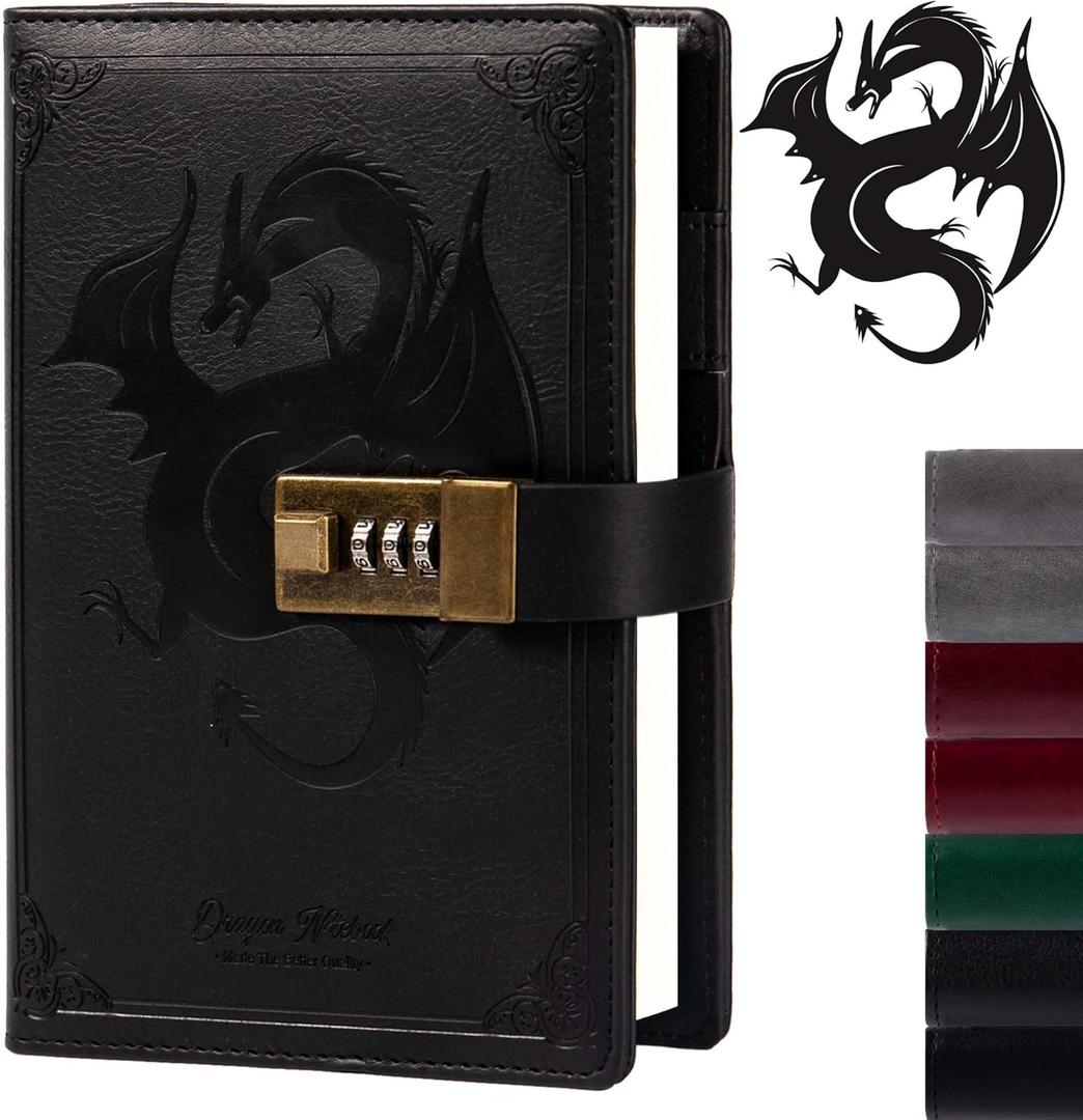 TIEFOSSI Dragon Leather Journal, Hardcover Notebook, Locked Refillable Diary, Lined/Blank Paper Writing Journals with Combination Lock for Men Women Child (Black)