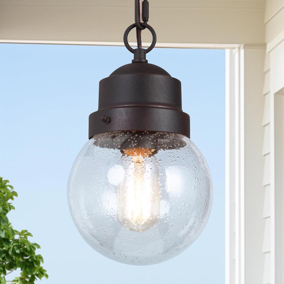 Outdoor Pendant Light Fixture, Farmhouse Exterior Globe Anti-Rust Hanging Lights with Adjustable Chain, Bronze Ceiling Outdoor Lantern Light with Seeded Glass for Front Door, Entry, Porch, and Gazebo